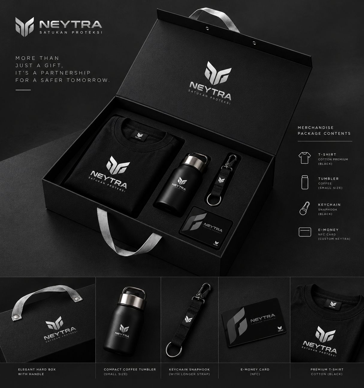 Hard box hitam NEYTRA berisi kaos, tumbler, gantungan kunci, dan kartu e-money